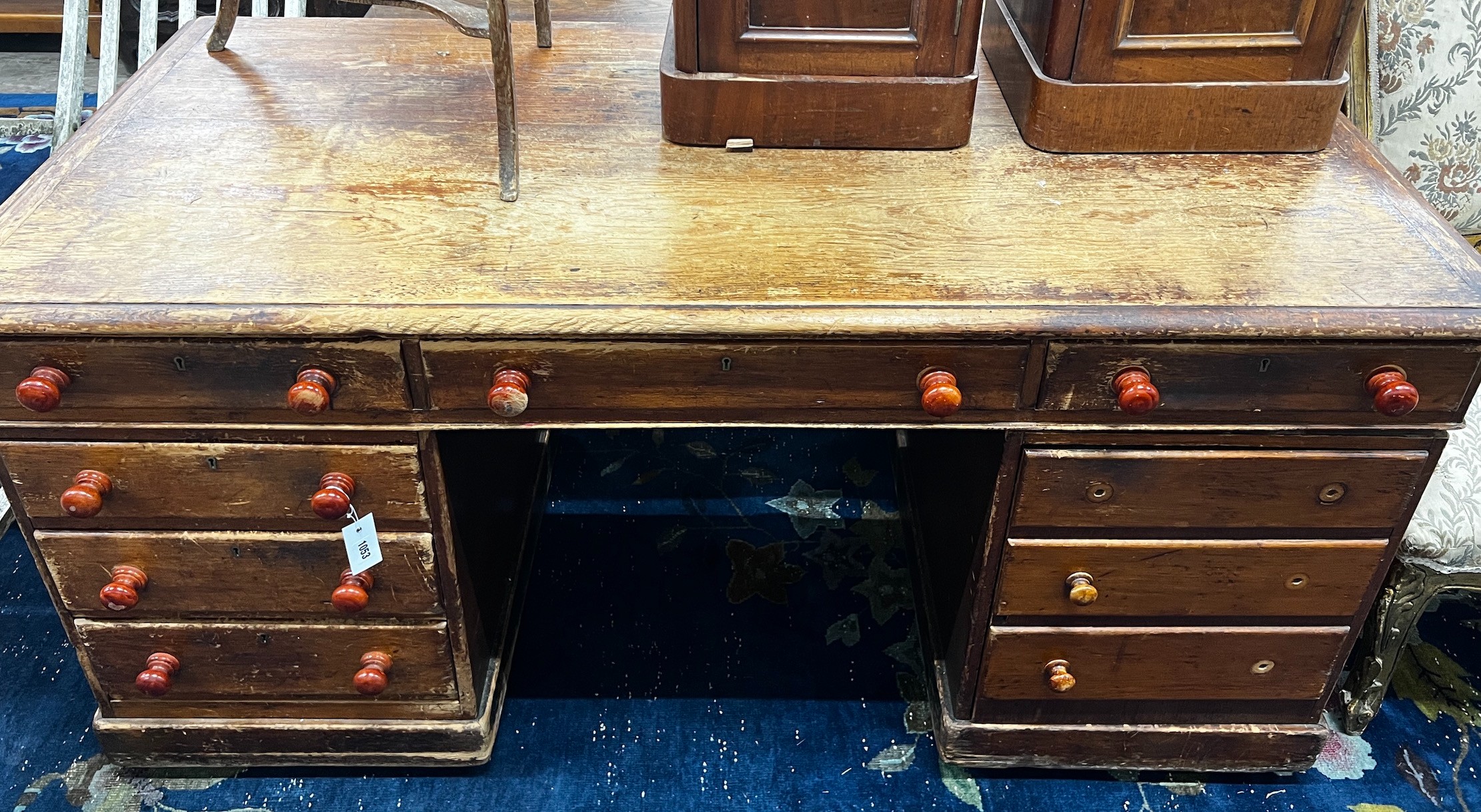 A Victorian pine pedestal desk, width 160cm depth 76cm height 76cm